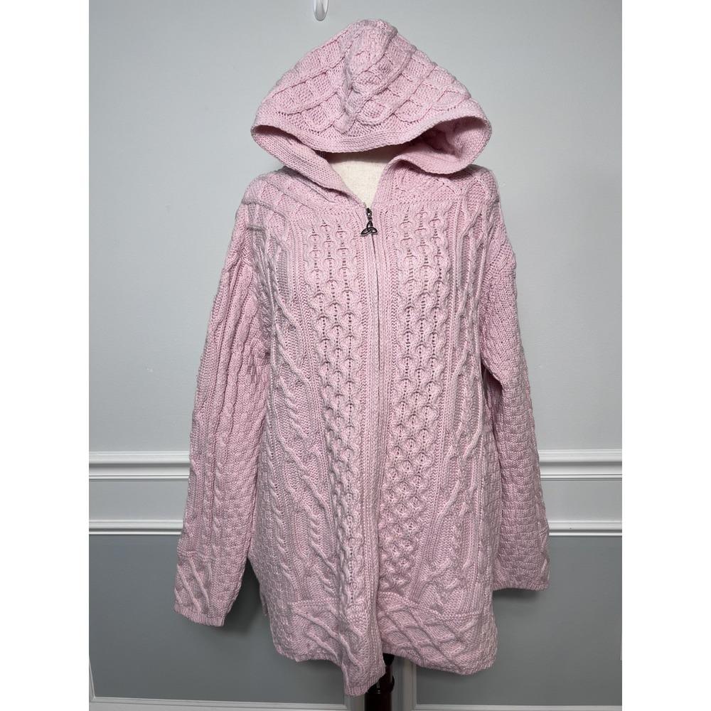 Aran Crafts Ireland Pink Merino Wool Cable Knit Hooded Cardigan (L) Fisherman